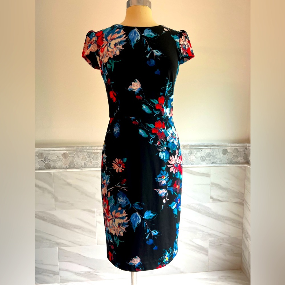 Betsey Johnson Cap Sleeve Floral Black Red Blue Sheath Midi Dress 6
